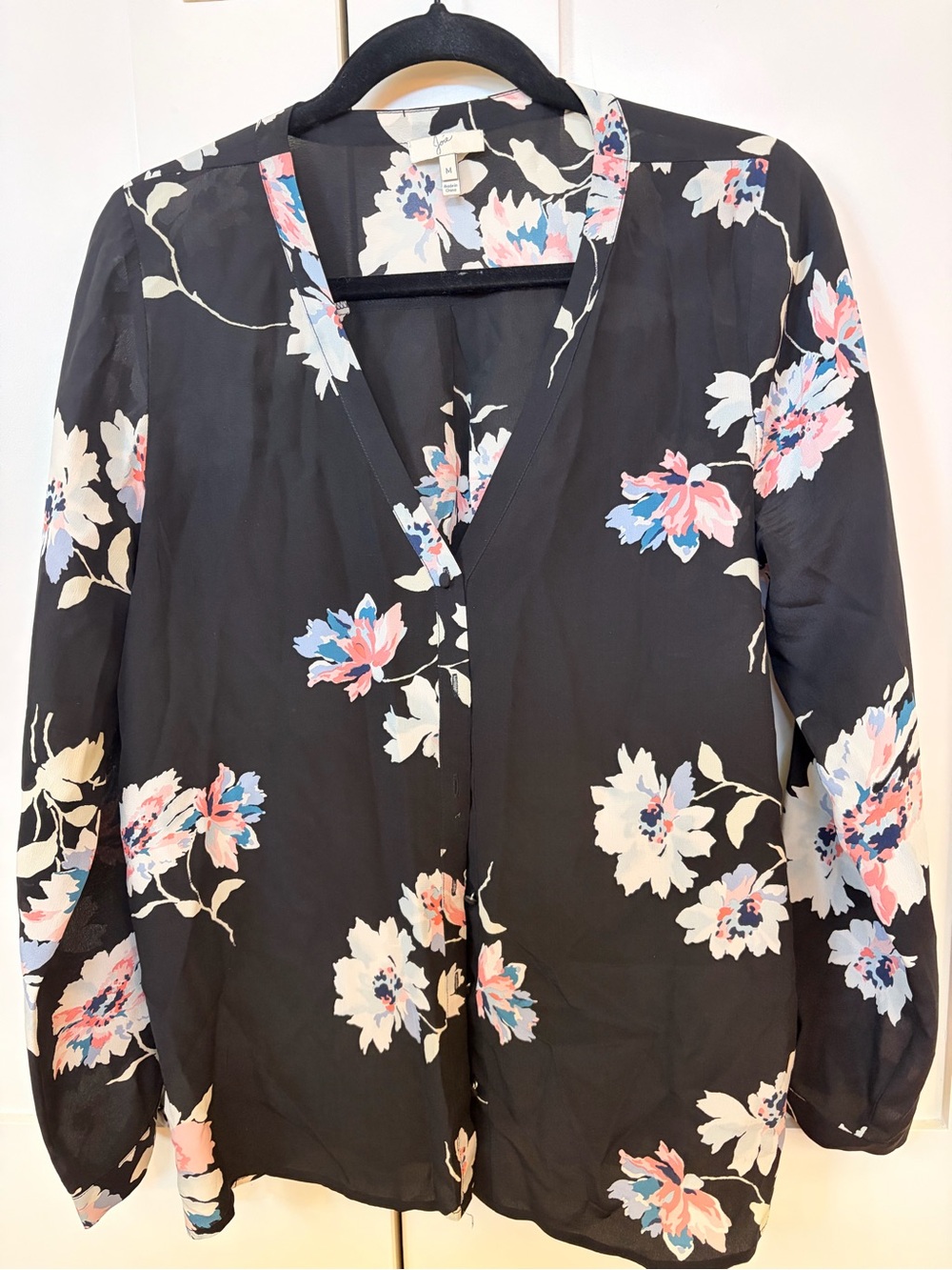 100% SILK Floral V-Neck Long Sleeve Blouse - Black with Pink & Blue Flowers